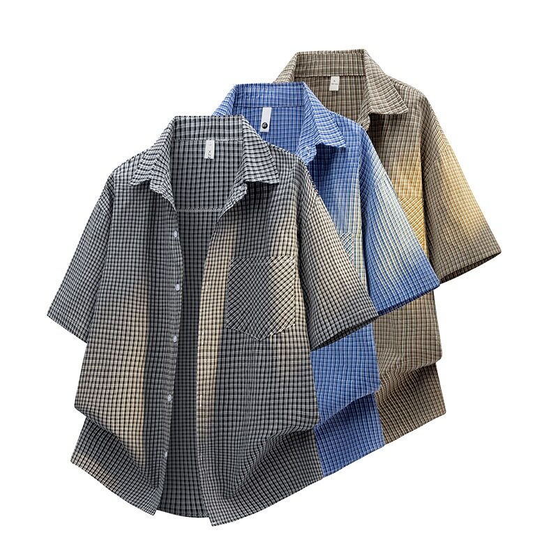 夏季2026新款男T格子短袖衬衫港风宽松棉料休闲透气衬衣男上衣潮