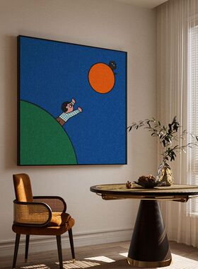 现代轻奢蓝色卡通星球小男孩卧室客厅玄关装饰画背景墙壁方型挂画