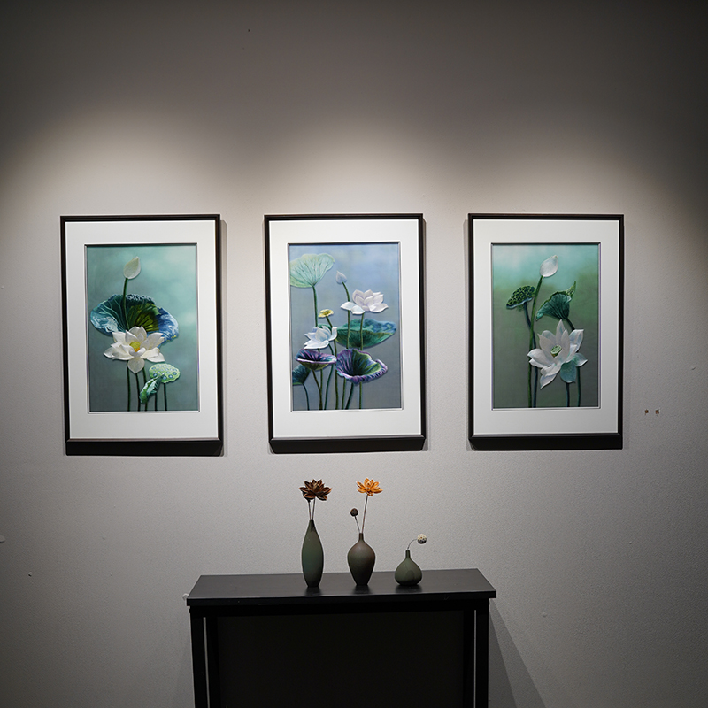 新中式三联荷花苏州手工高端苏绣沙发背景客厅刺绣成品挂画装饰画图片