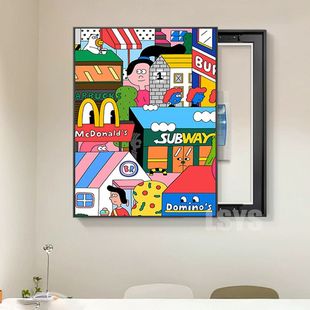 卡通插画电表箱装饰画咖啡店开关盖板竖版多巴胺总闸电箱遮挡挂画