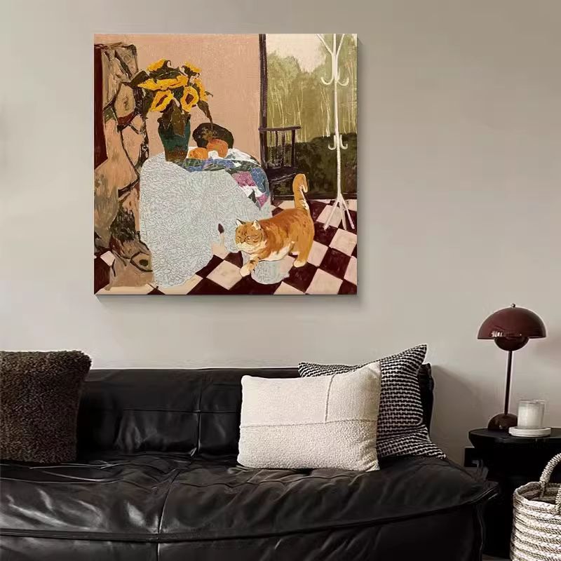 美拉德色系中古风猫咪静物花瓶装饰画治愈系客厅美式玄关小众挂画图片