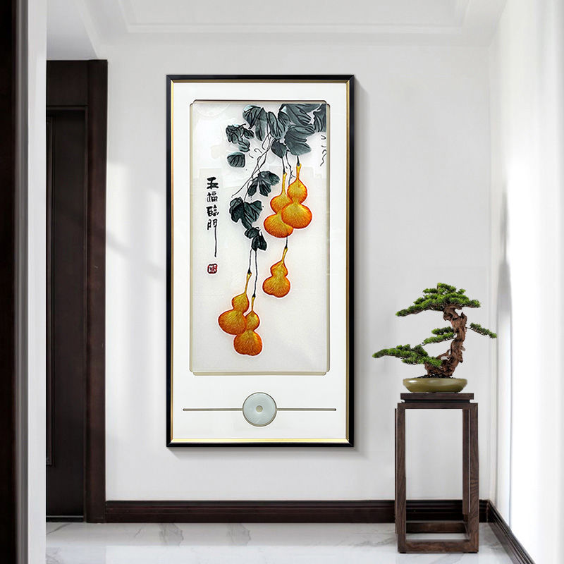 刺绣挂画新中式入户玄关装饰五福临门头客厅高档画葫芦墙面高级图片