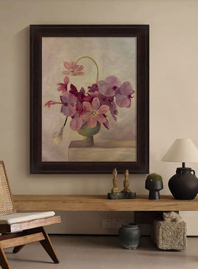 紫色花卉油画手绘中古风正对门入户画中式客厅沙发背景墙装饰画