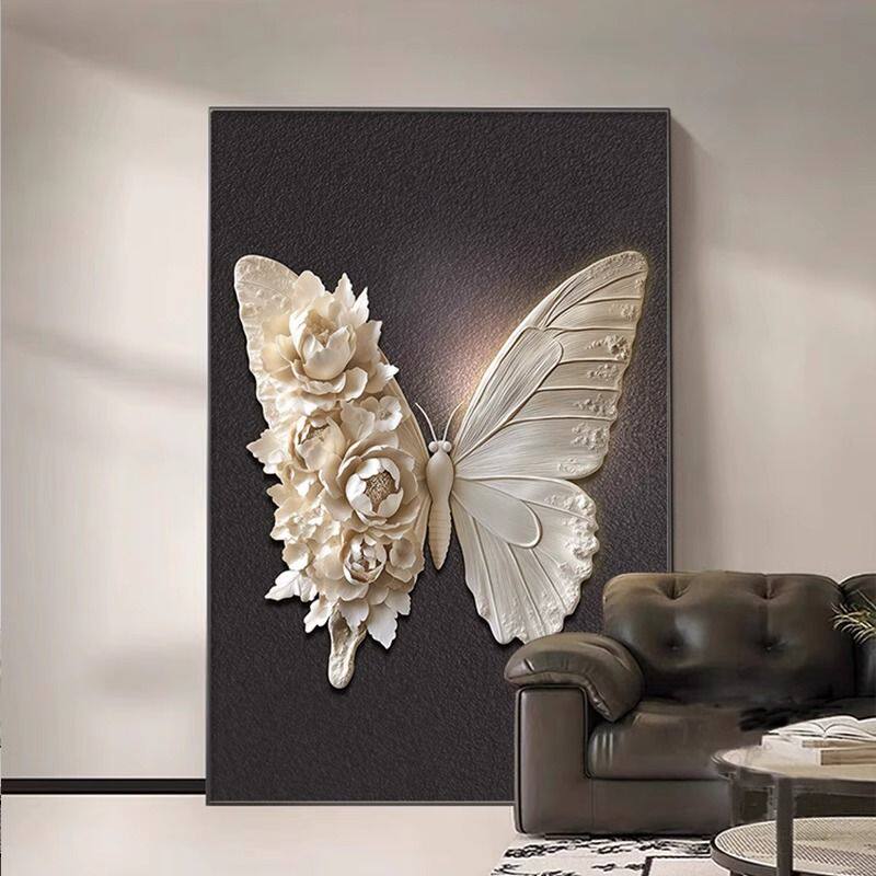 2025新款黑白蝴蝶玄关装饰画轻奢高级感客厅沙发背景墙挂画砂岩画