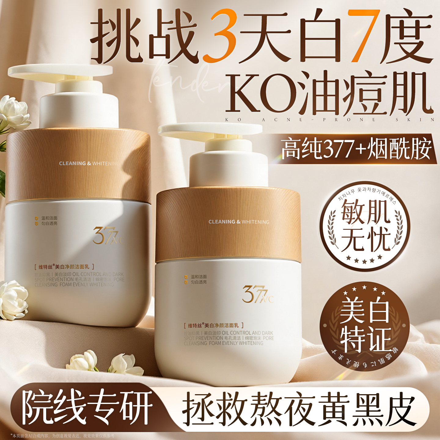 377美白洗面奶氨基酸淡斑深层清洁收缩毛孔控油洁面乳官方正品女