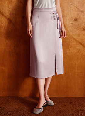 花木深紫色醋酸半身裙女新款开叉国风缎面直筒裙子盘扣新中式半裙