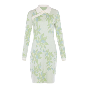 【斓曦同款】花木深新中式针织连衣裙女国风提花长袖羊毛打底裙子