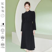 花木深中式 A字打底裙 纯色泡泡袖 连衣裙女新款 立领开叉旗袍裙长款