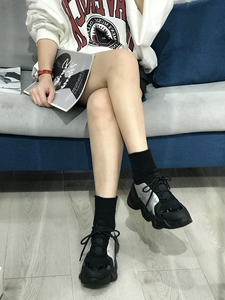 欧洲站女鞋小众新款真皮松糕底厚底运动鞋拼色增高黑色时尚老爹鞋