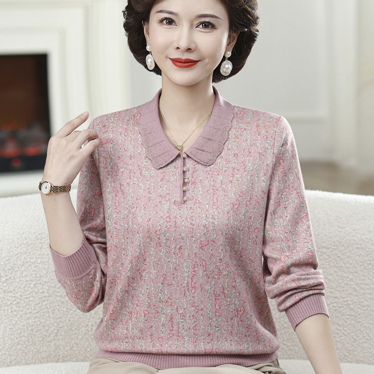 妈妈秋装洋气翻领T恤小衫