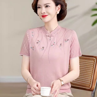 短袖 上衣套装 T恤洋气冰丝小衫 薄款 高贵中老年女装 母亲节妈妈夏装
