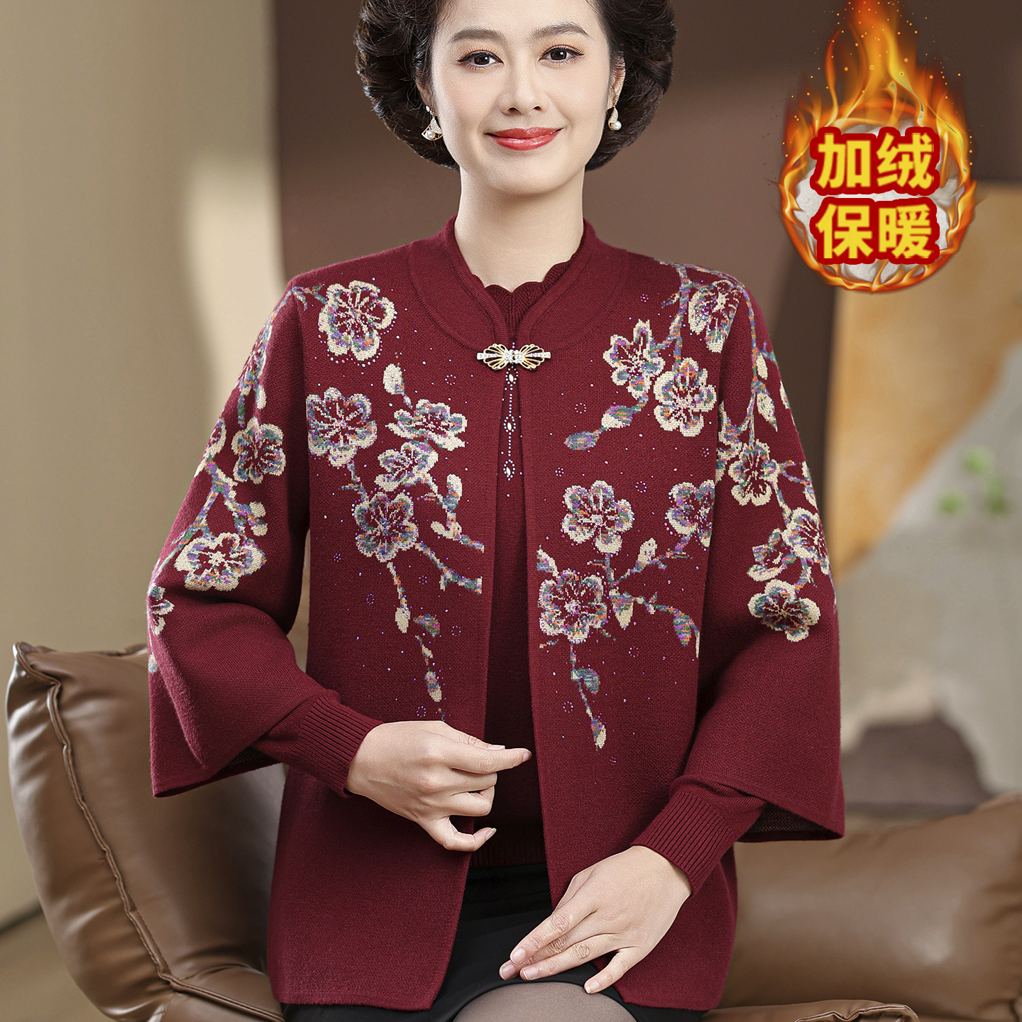 新款妈妈装加绒保暖毛衣两件套装