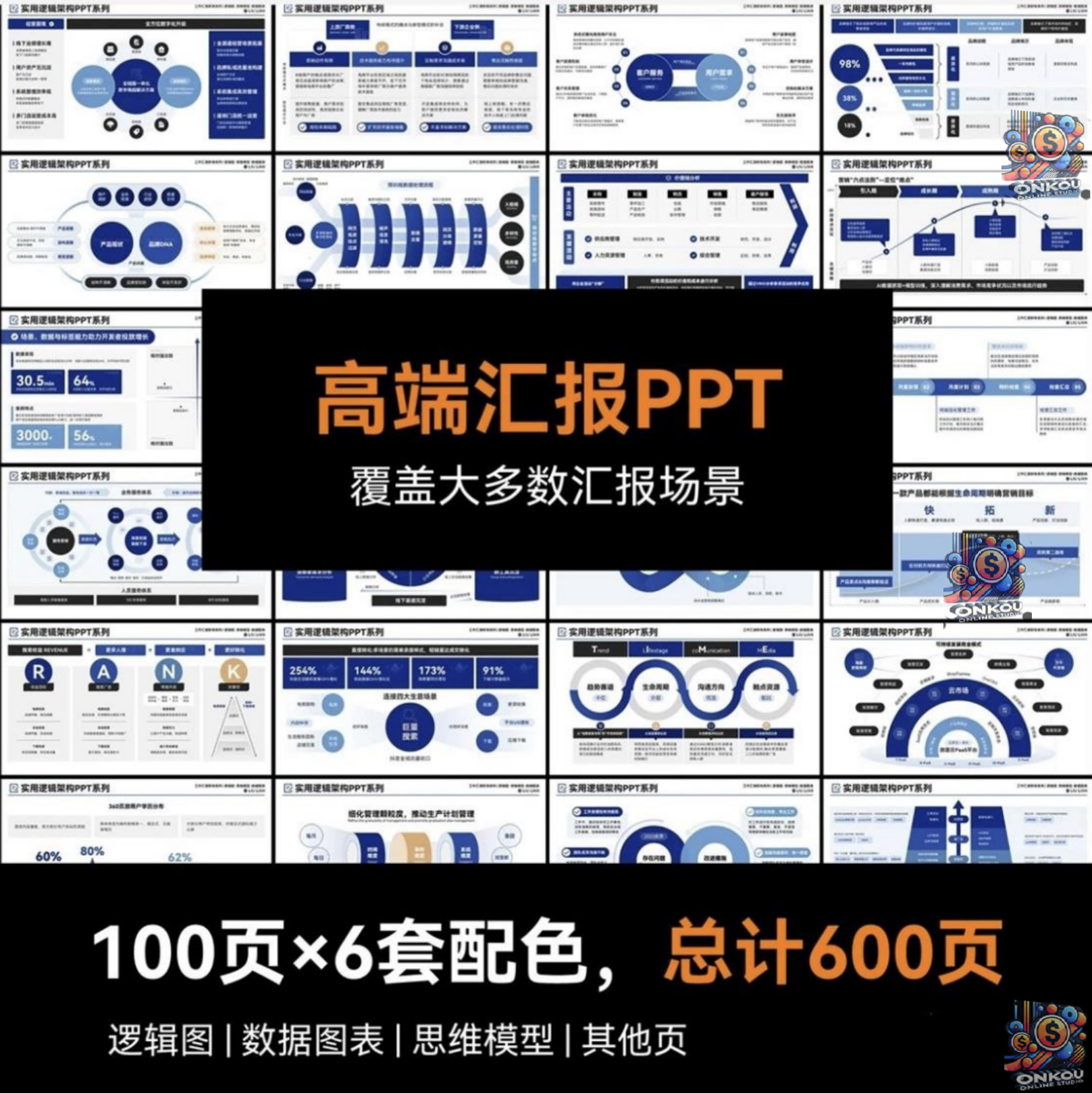 6个颜色共600页高端蓝色工作汇报逻辑架构数据分析PPT模版