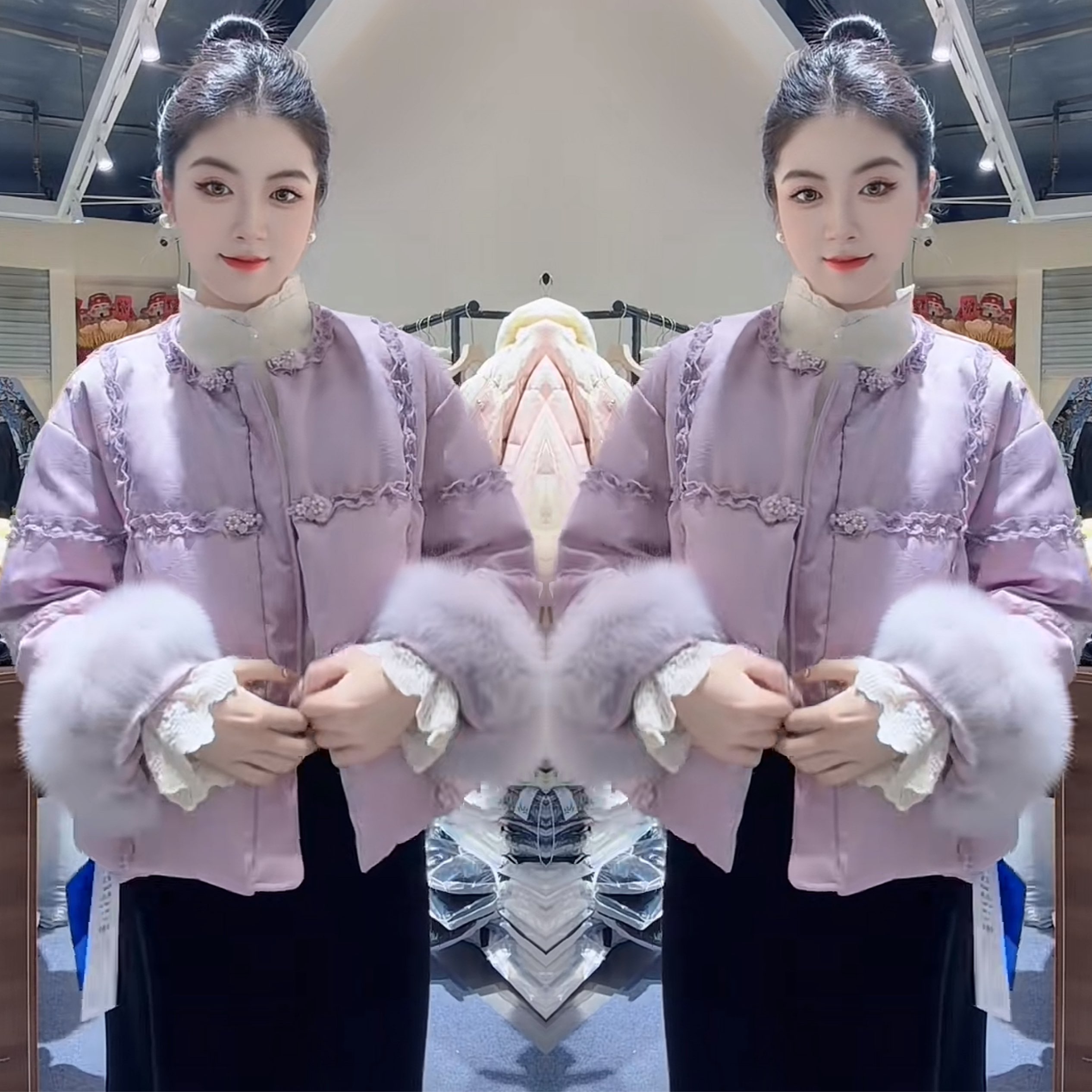 紫色毛毛袖子百搭花边棉服外套女