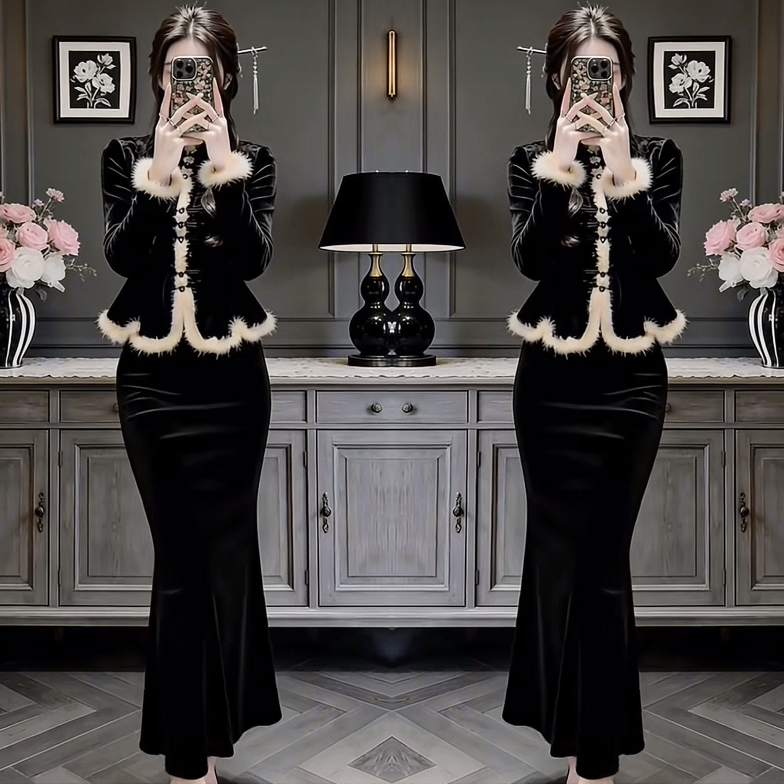 新中式复古国风洋气黑色洋气拼接毛毛丝绒长袖修身遮肉女士打底衫,女装/女士精品,上衣,淘宝优惠券,粉丝福利购,淘宝优惠卷