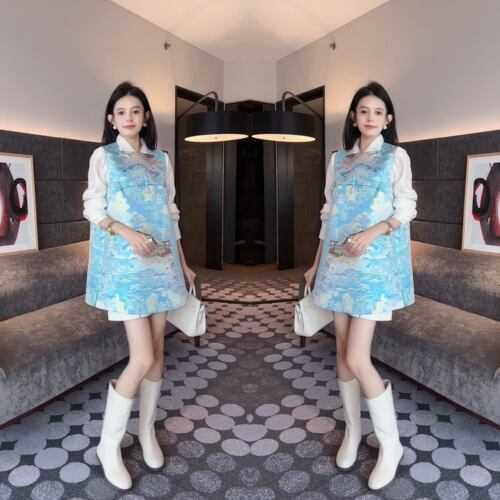 无袖提花马甲搭配衬衫两件套潮