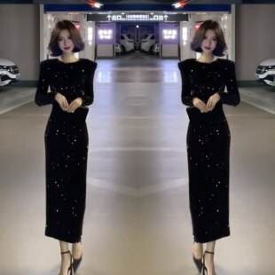 高级感性感女神范减龄时髦气质亮片长款 御姐范包臀贵气连衣裙 修身