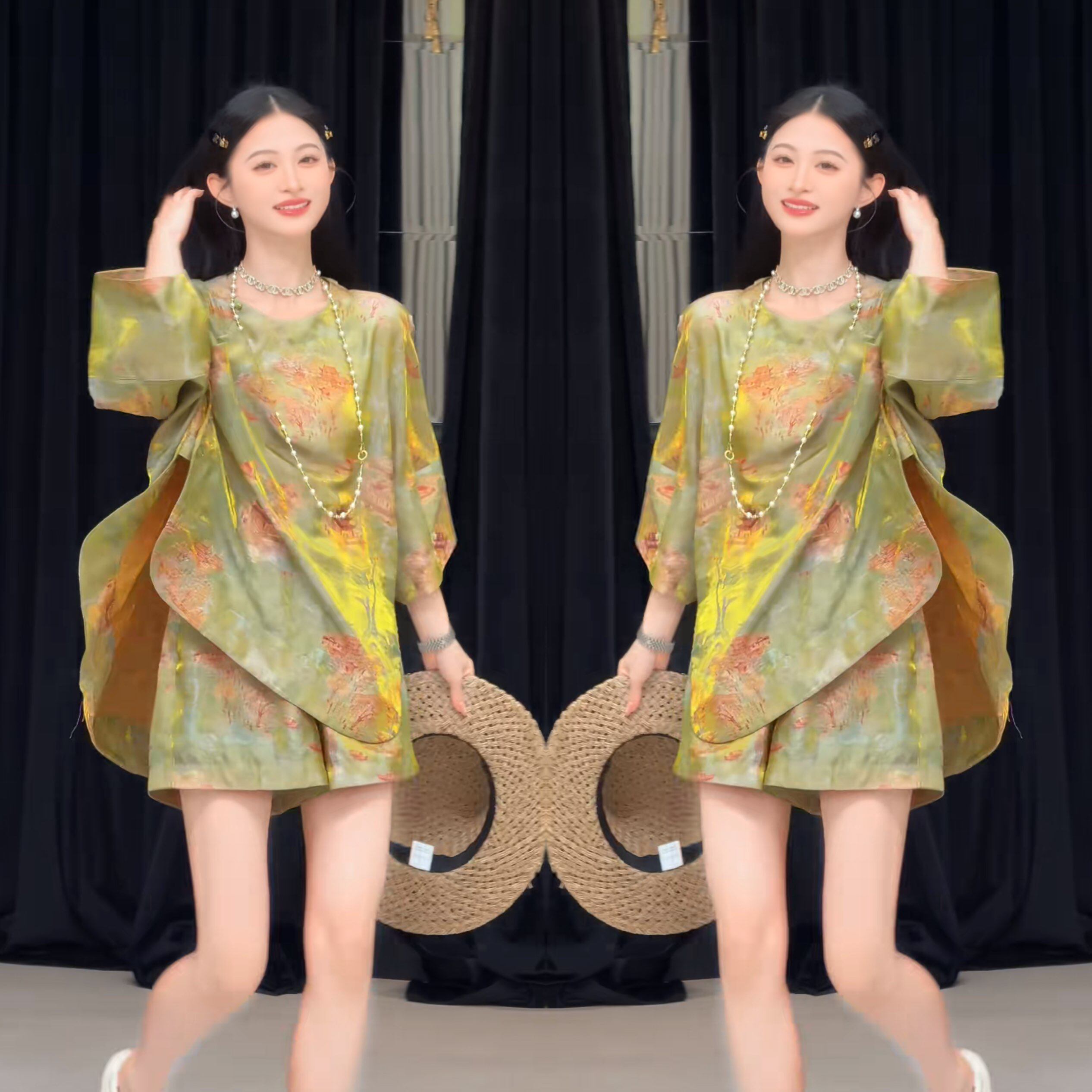 新中式高端女装时髦夏季新款洋气印花显瘦宽松遮肉两件套上衣短裤