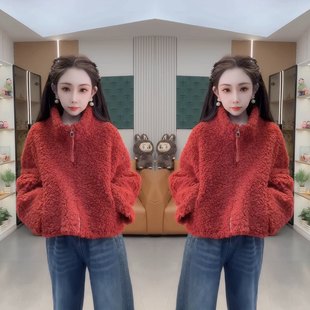 百搭冬季 长袖 气质纯色羊羔毛外套 减龄短款 欧货高级感炸街网红同款