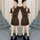 气质时尚 裙短款 秋季 豹纹设计高级减龄套装 外套百褶裙 新款 网红爆款