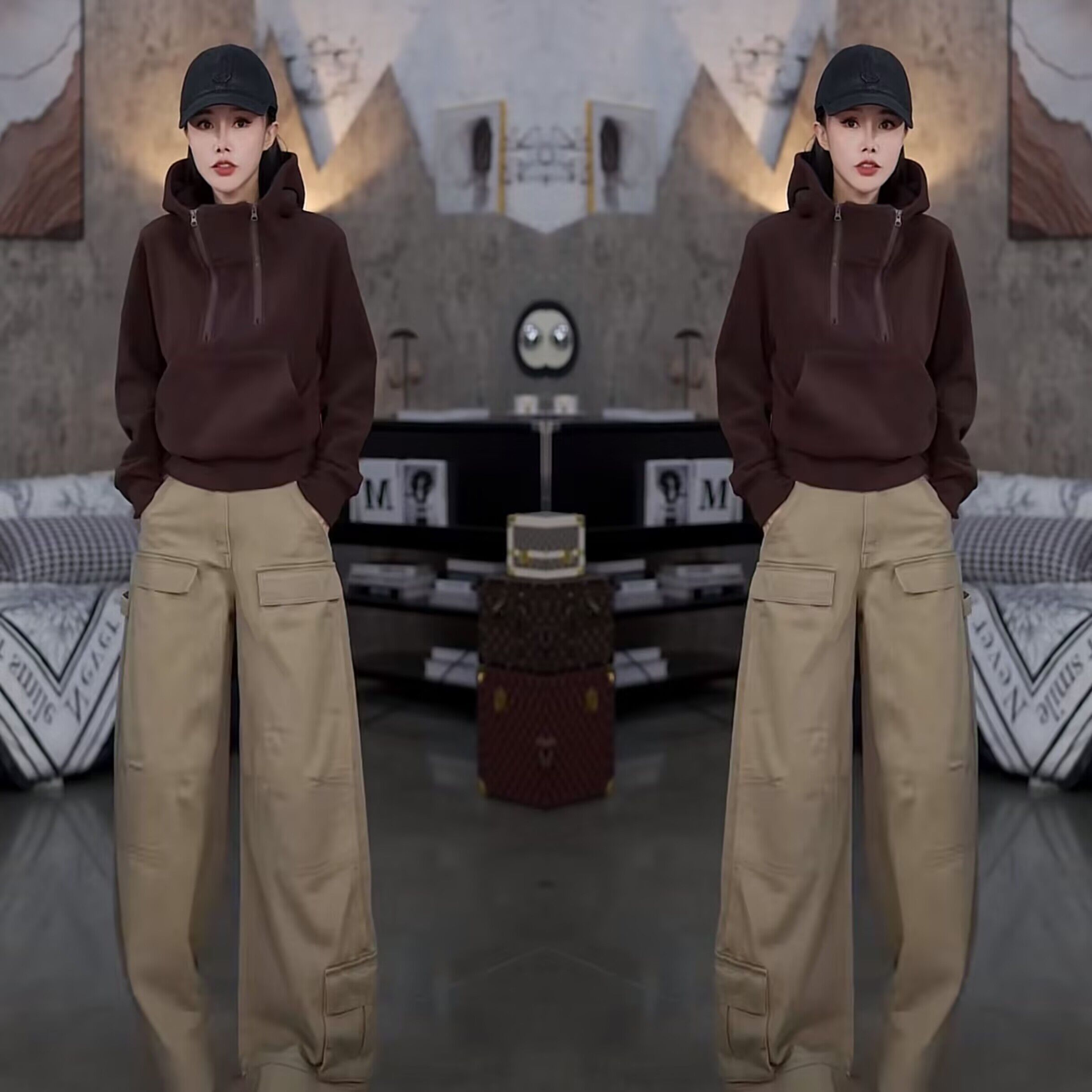 洋气连帽设计感短卫衣工装阔腿裤