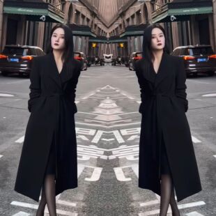 抖音网红爆款简约高级洋气时尚黑色系带收腰长款御姐范大衣外套潮