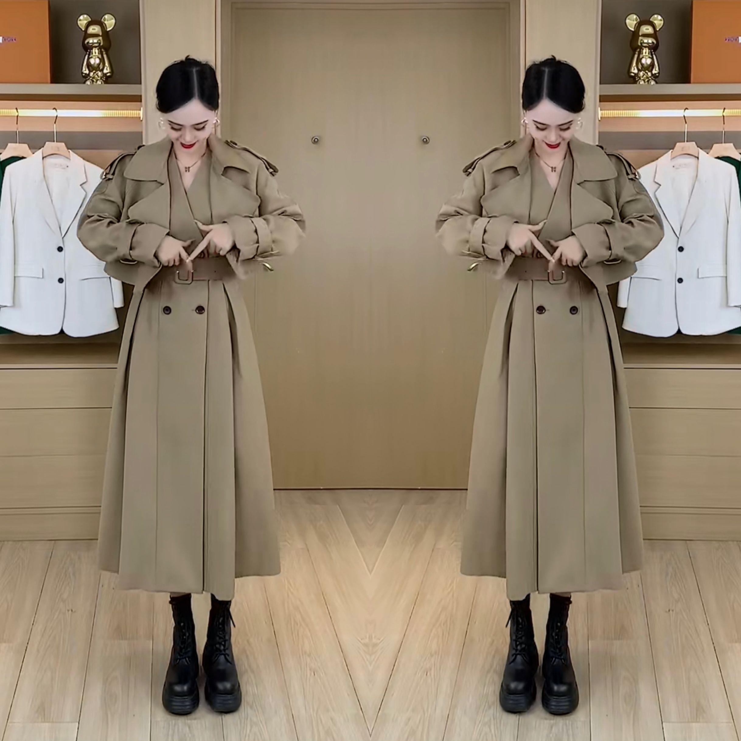 气质时尚高端翻领长袖外套连衣裙