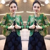 欧货复古国风优雅绿色时髦精致爆款 盘扣遮肉女士显瘦外套 提花短款