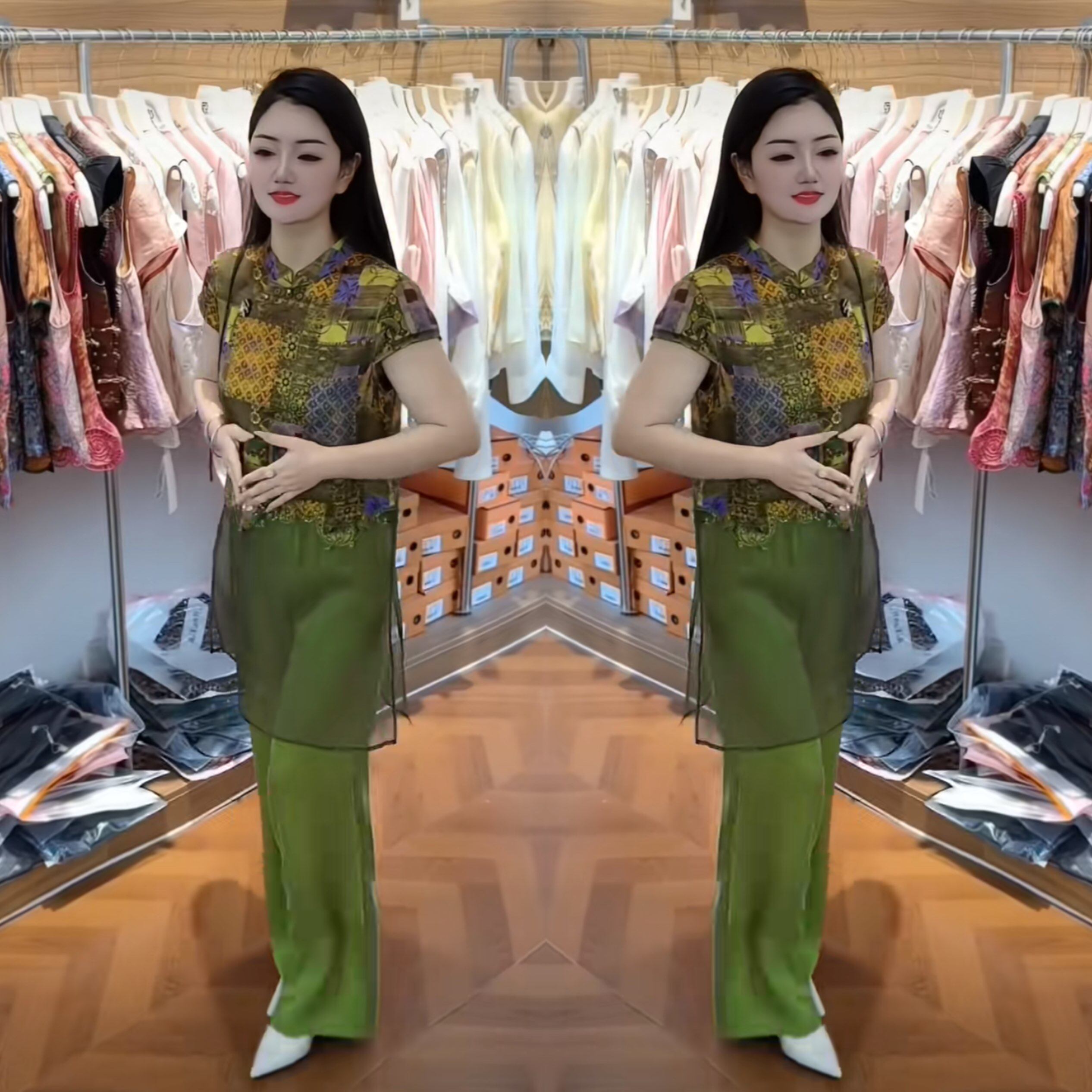高级感夏季新款复古清新洋气减龄女装绿色提花上衣搭配高腰裤子潮