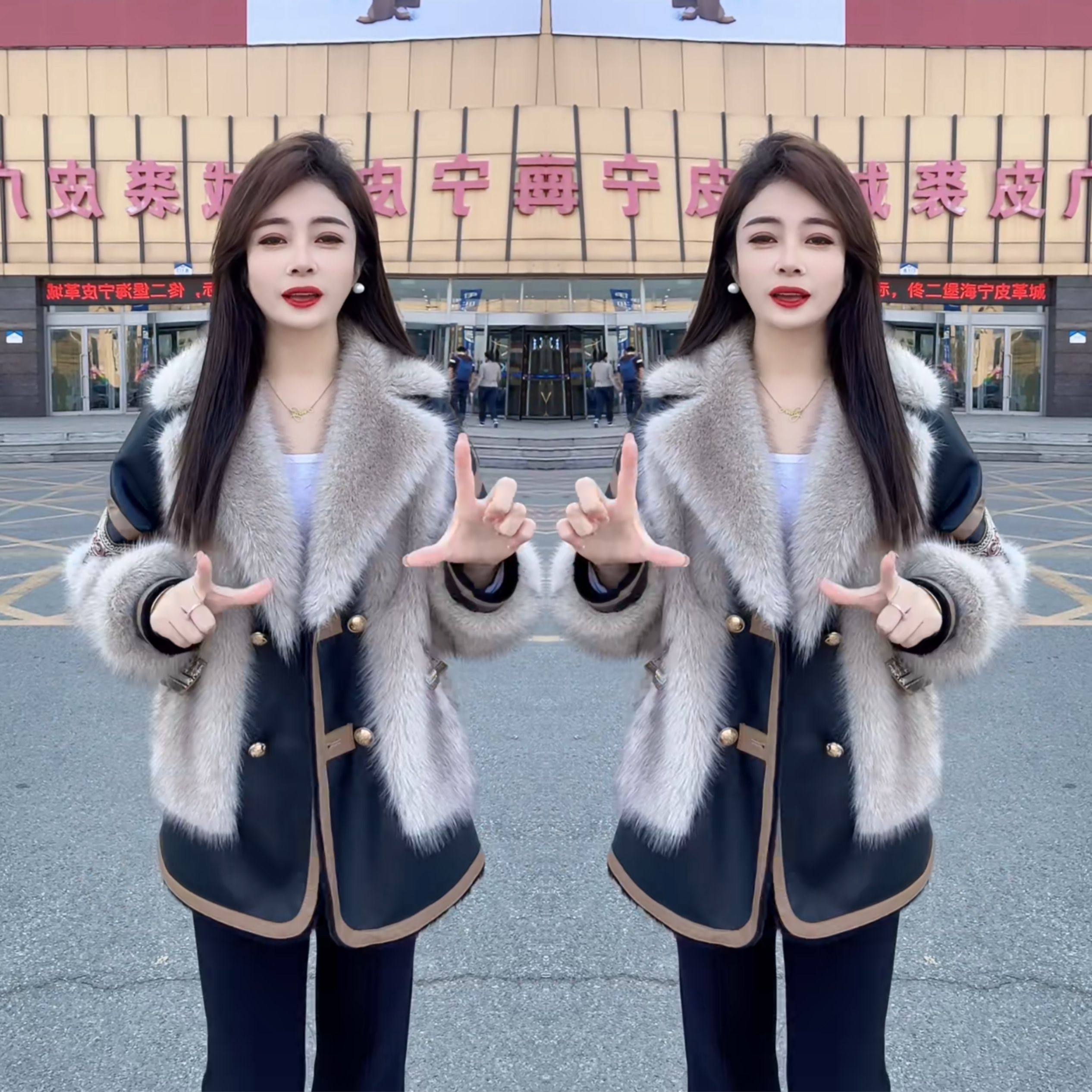 炸街爆款冬季新款时尚轻熟减龄洋气翻领毛毛拼接设计皮毛一体外套,女装/女士精品,短外套,淘宝优惠券,粉丝福利购,淘宝优惠卷