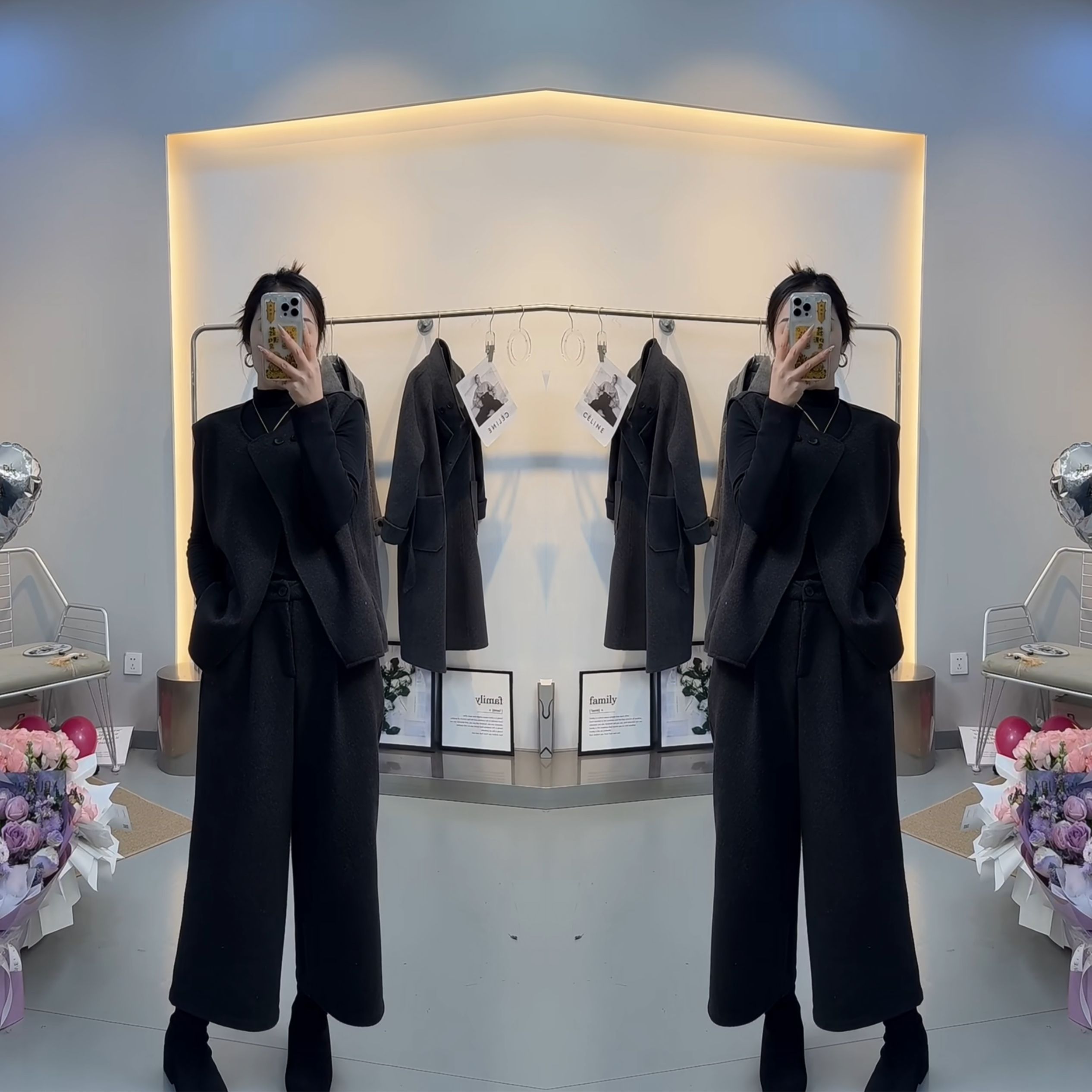 时髦女士三件套打底衫马甲直筒裤