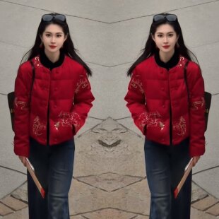 新中式复古洋气减龄气质红色优雅高端大气女百搭显瘦提花棉服外套
