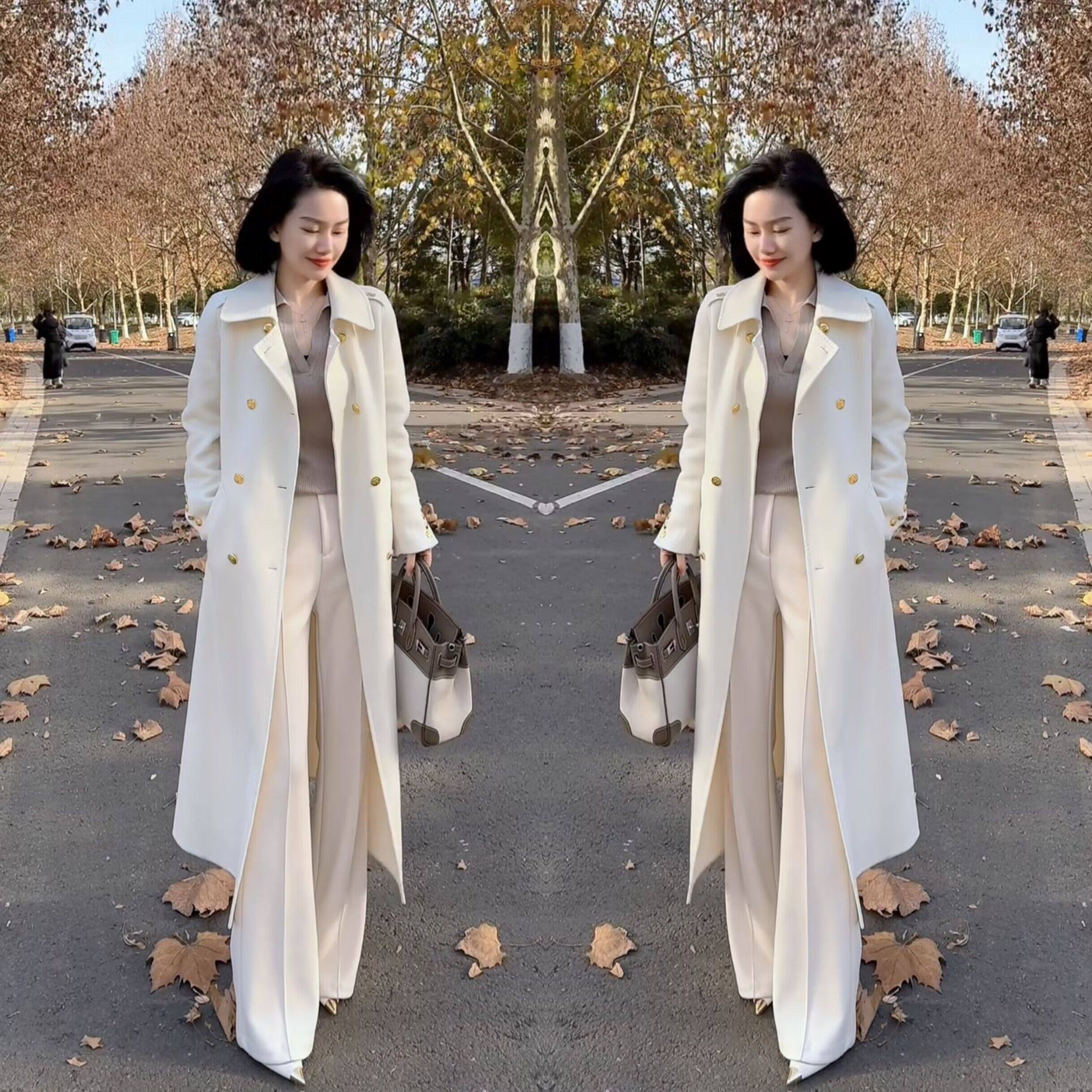 网红爆款温柔干净秋季新款气质时尚长款系带风衣外套搭配高腰裤子