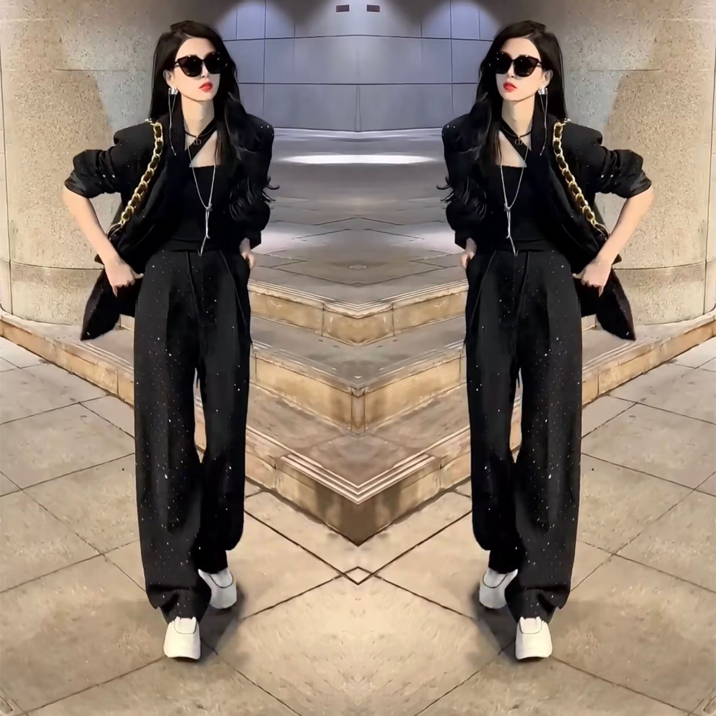 气质时尚宽松长袖西服外套+裤子