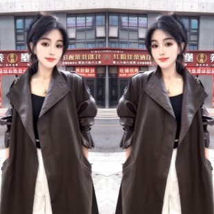 法式 网红爆款 时尚 新款 轻奢高级感纯色减龄显瘦皮衣风衣外套潮 秋季