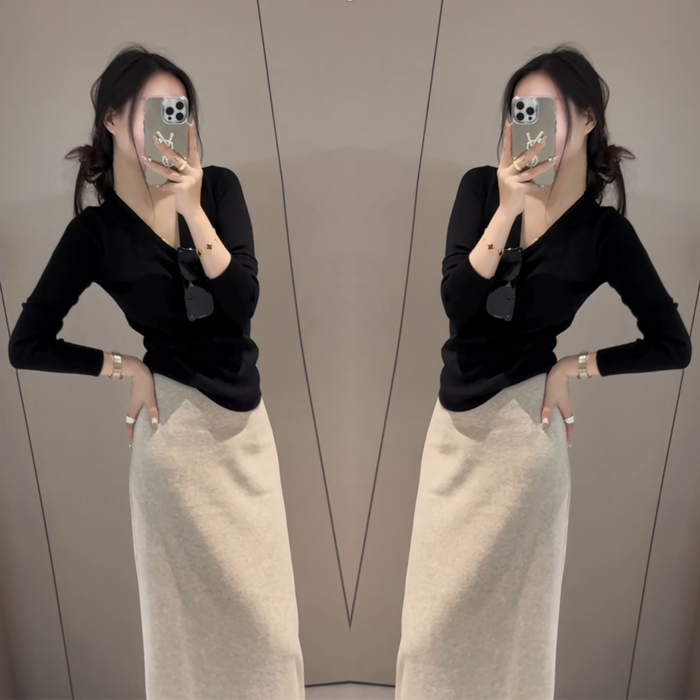 纯色V领长袖小衫上衣搭配半身裙