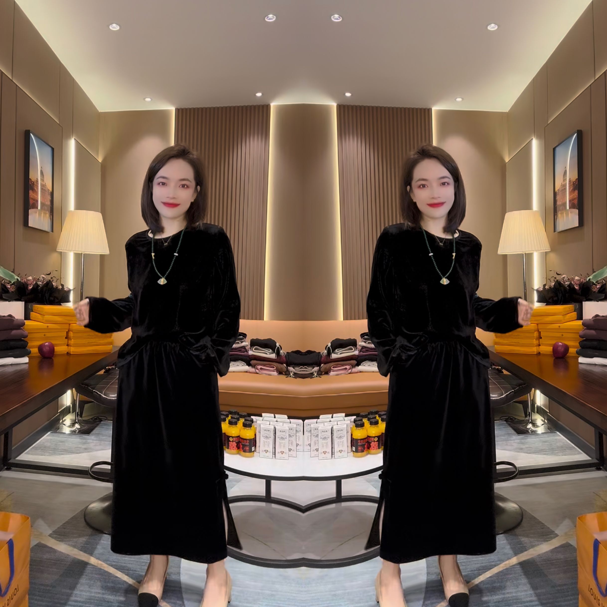 欧洲站爆款女士套装裙2023年秋季新款气质长袖圆领丝绒上衣半身裙