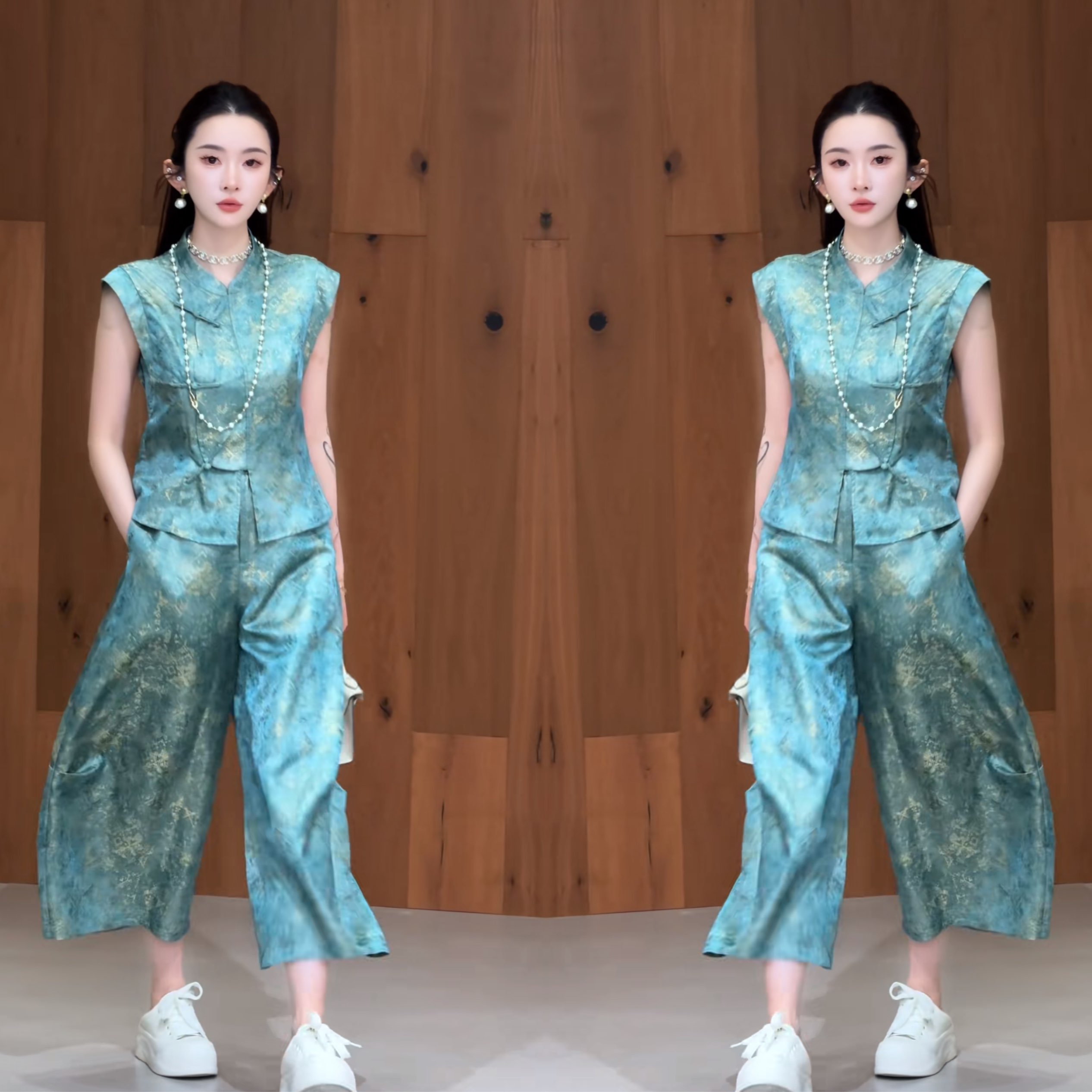 抖音网红爆款高级感洋气减龄时髦新中式复古提花宽松无袖上衣裤子
