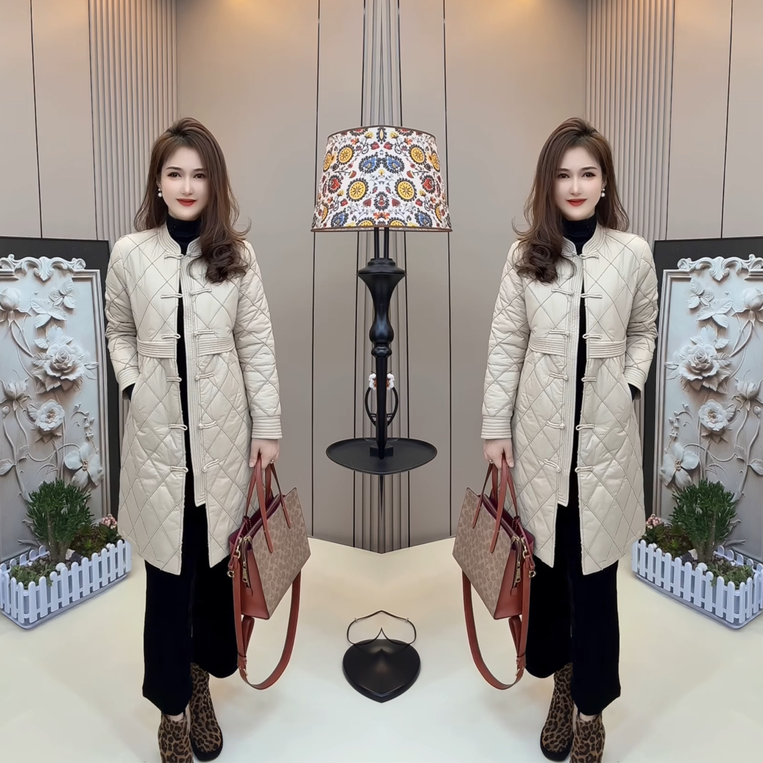 时髦盘扣中长款百搭遮肉棉服外套