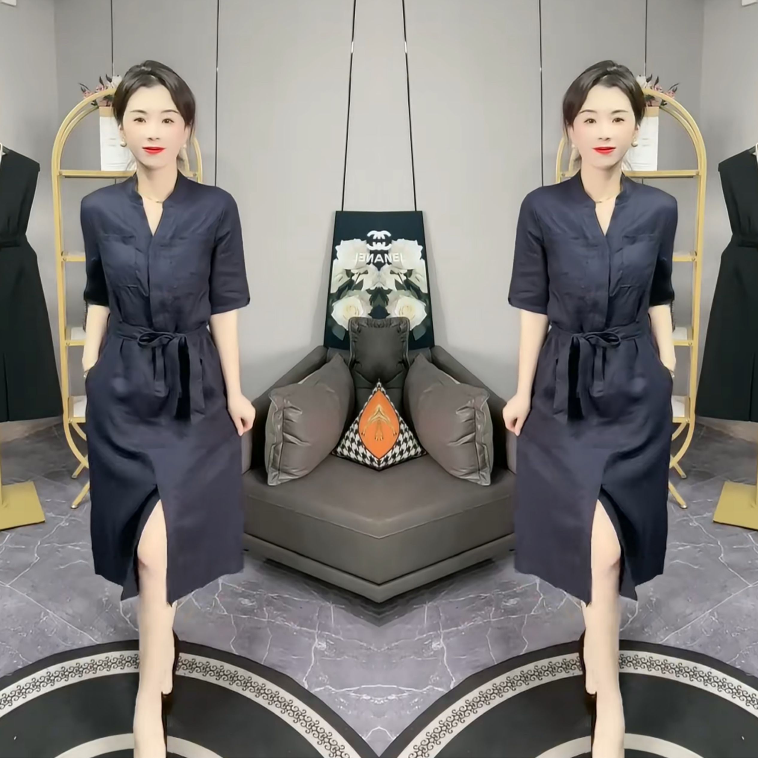 简约中长款收腰显瘦开叉连衣裙