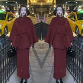 洋气减龄纯色毛呢宽松斗篷外套搭配半身裙 新款 网红爆款 高级感冬季