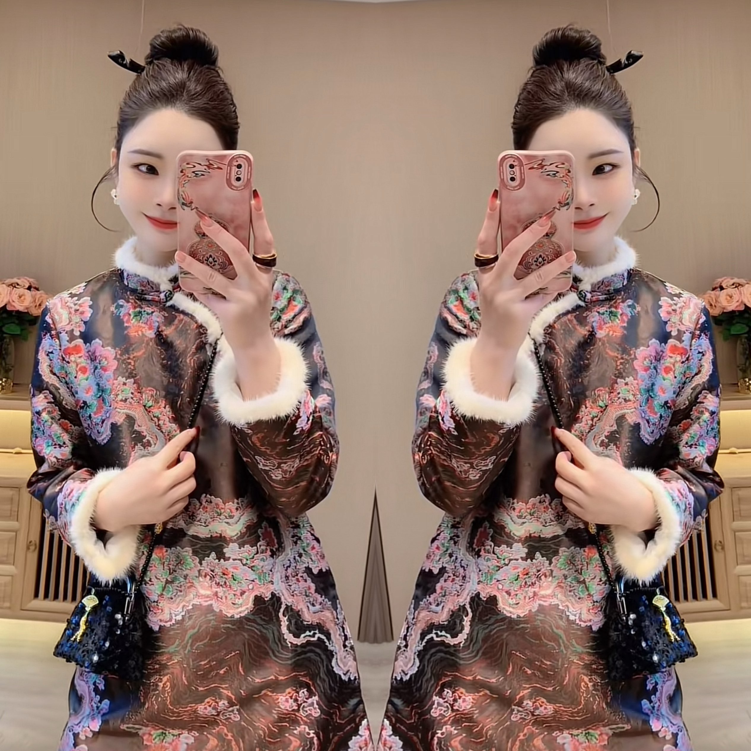 复古新中式重工提花毛毛边外套