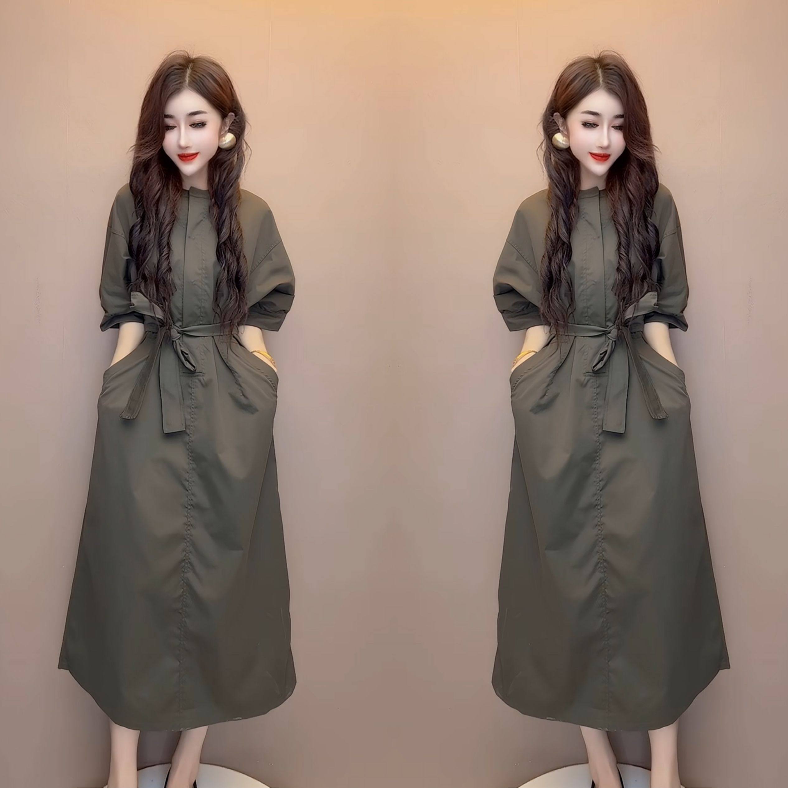 简约高级感秋季新款气质时尚宽松减龄系带收腰过膝长款遮肉连衣裙,女装/女士精品,民族服装/舞台装,淘宝优惠券,粉丝福利购,淘宝优惠卷