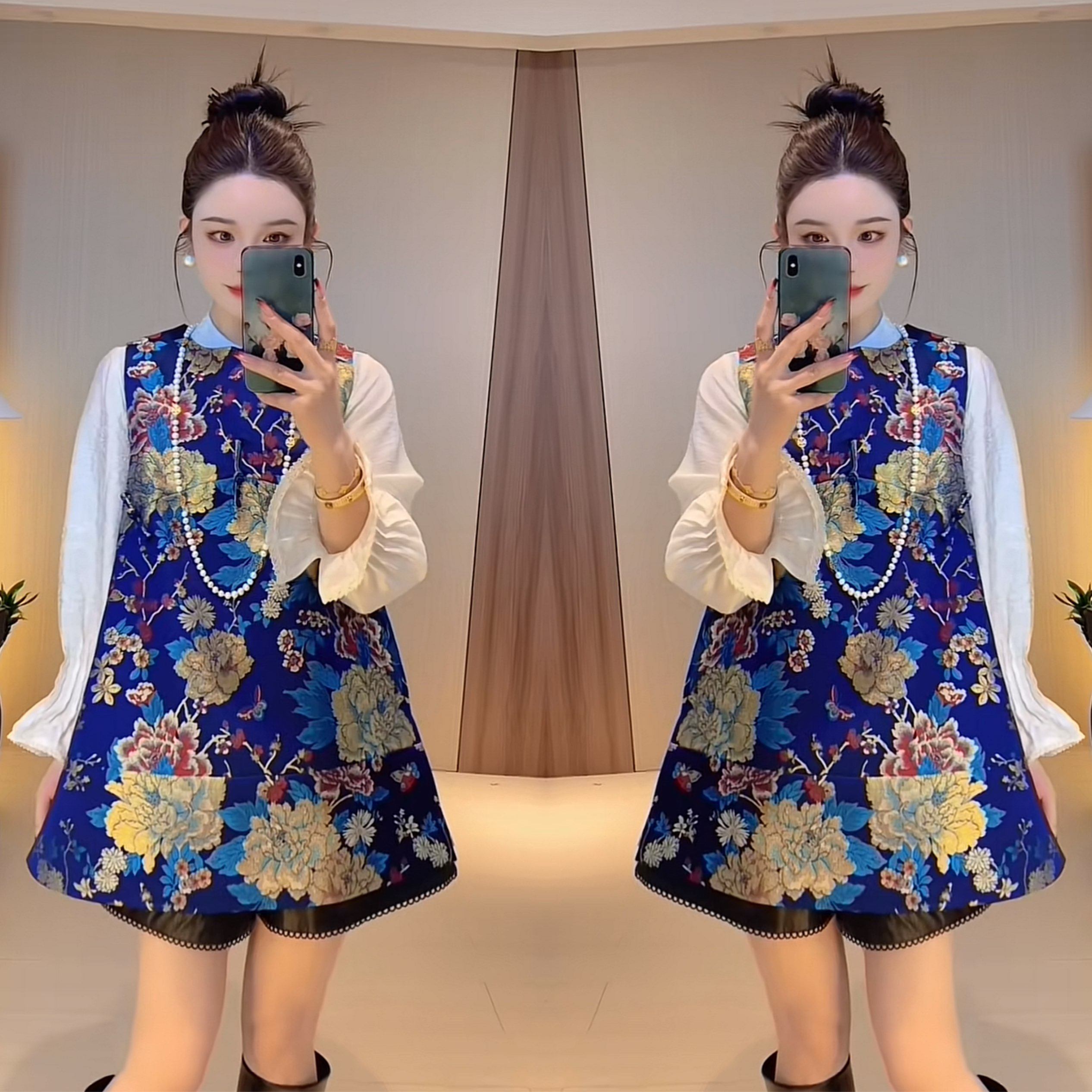 网红精致炸街爆款洋气减龄复古提花无袖新中式马甲裙搭配衬衫套装,女装/女士精品,上衣,淘宝优惠券,粉丝福利购,淘宝优惠卷