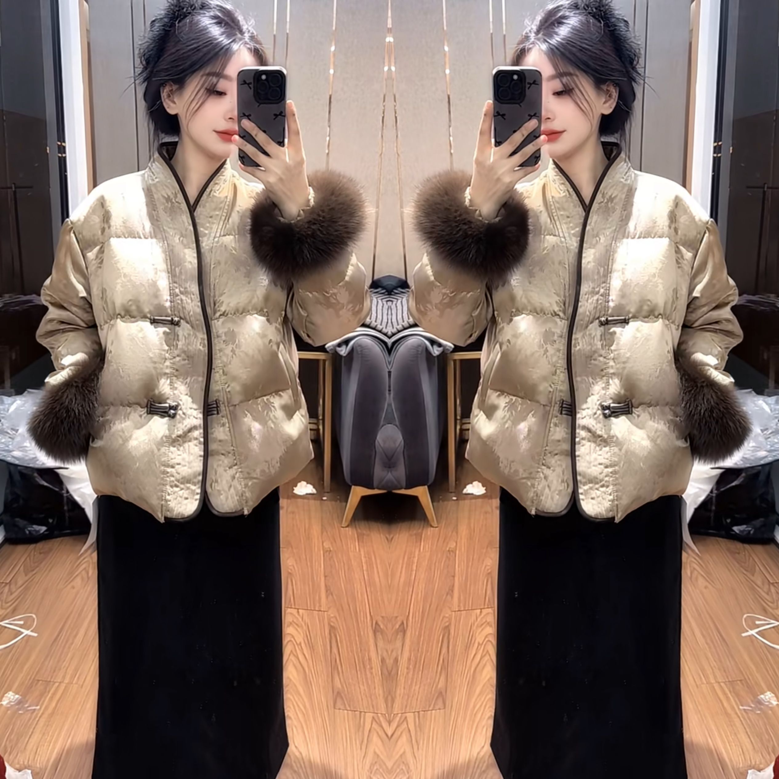 短款显瘦毛毛袖提花盘扣外套