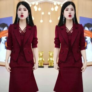 赫本风爆款套装裙2023年秋季新款高端洋气时尚长袖西服上衣连衣裙