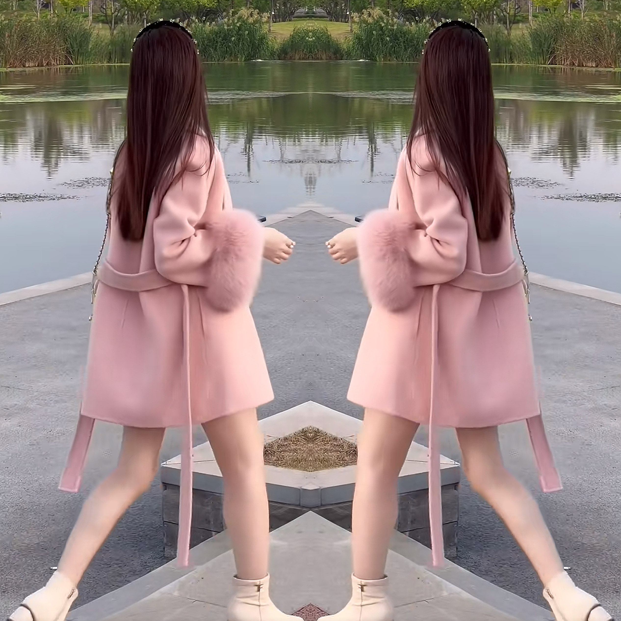 抖音网红爆款女神范高级冬季毛呢粉色系带收腰毛毛袖百搭大衣外套,女装/女士精品,上衣,淘宝优惠券,粉丝福利购,淘宝优惠卷