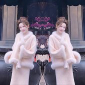 裙时髦毛毛拼接外套搭配半身裙 气质套装 温柔粉色减龄洋气韩版 冬季