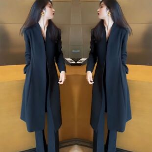 女装 新款 赫本风爆款 2023年冬季 子 高端气质时尚 纯色过膝外套高腰裤