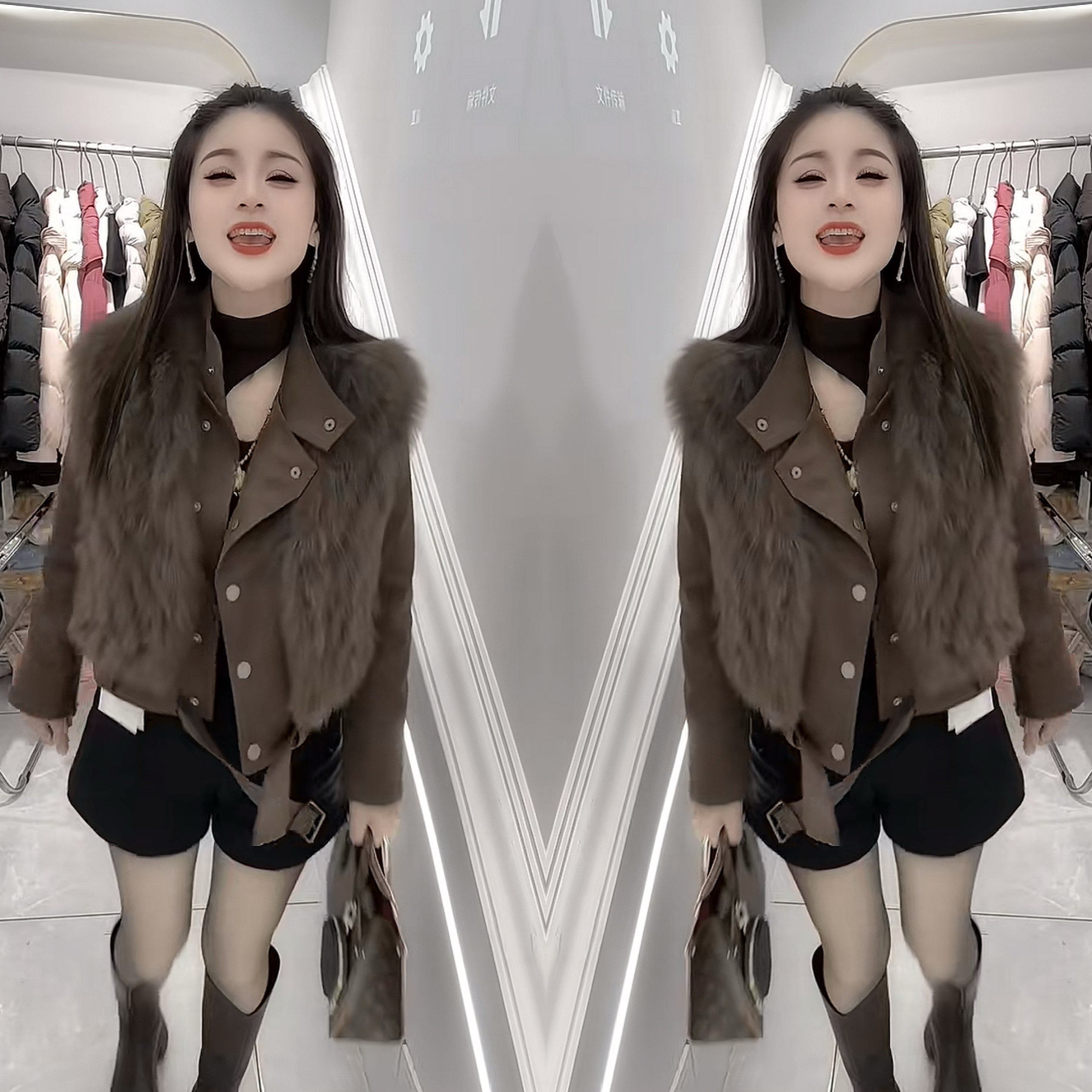 洋气短款毛毛拼接长袖百搭外套女